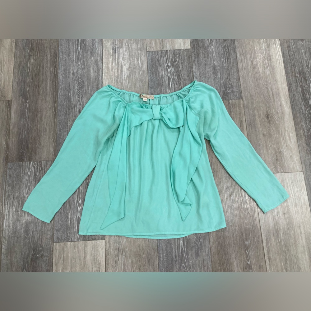 Penelope Aqua Blouse Top with Bow Accent Flowy Long Sleeve Medium